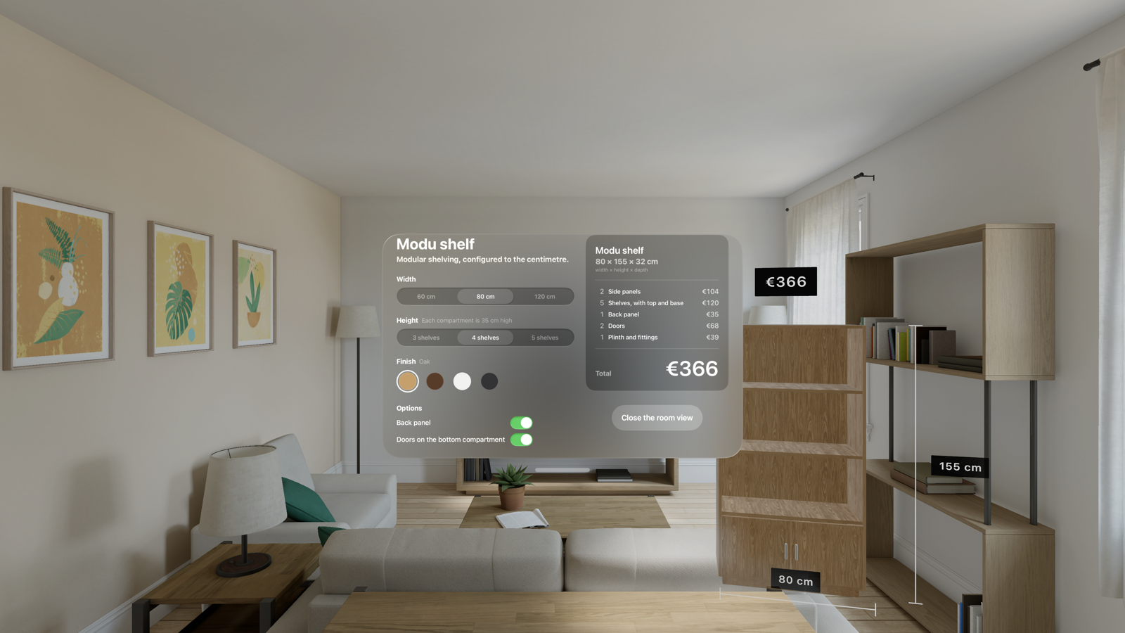 A picture of A shelving configurator for Apple Vision Pro from the visionOS Simulator